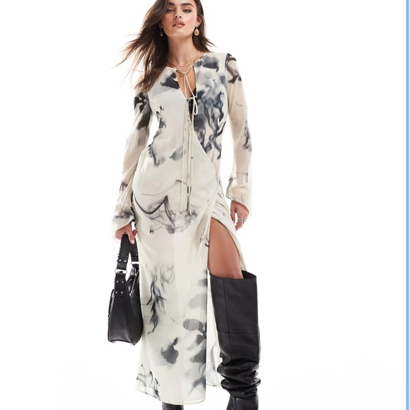 ASOS DESIGN tie-up wrap maxi dress in ivory ink print - Picture 1 of 3